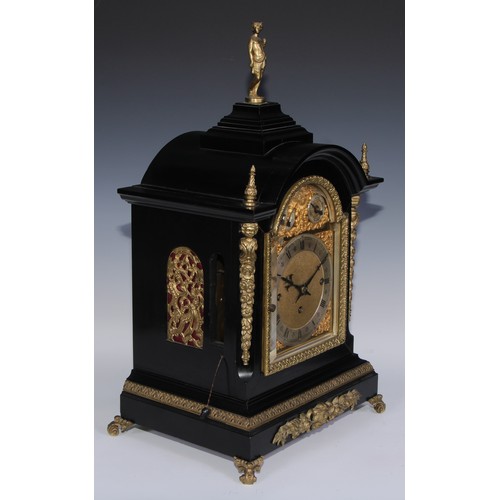 460 - A 19th century gilt metal mounted ebonised musical repeater bracket clock, 16cm arched brass dial, s... 