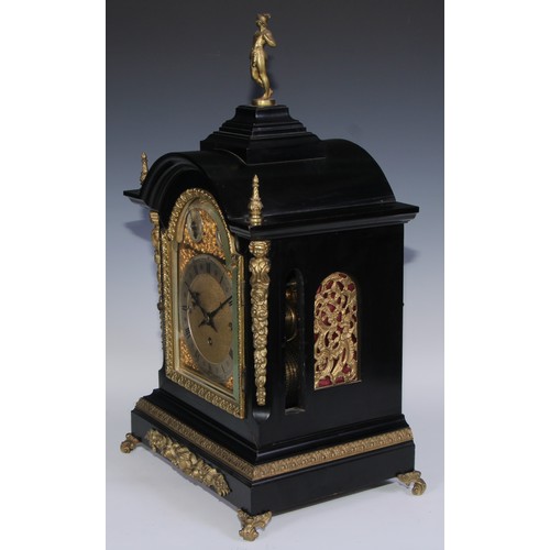 460 - A 19th century gilt metal mounted ebonised musical repeater bracket clock, 16cm arched brass dial, s... 