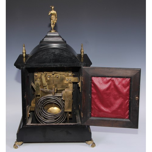 460 - A 19th century gilt metal mounted ebonised musical repeater bracket clock, 16cm arched brass dial, s... 