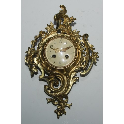 539 - A late 19th century French gilt metal cartel clock, 8.5cm enamel dial inscribed with Arabic numerals... 