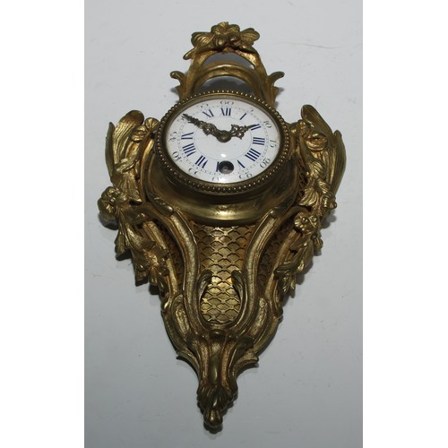 342 - A 19th century French ormolu cartel timepiece, 7cm convex enamel clock dial inscribed with Roman and... 