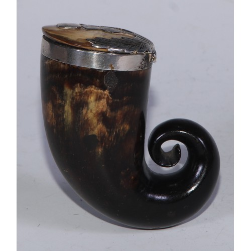 381 - A 19th century Scottish silver coloured metal mounted snuff mull, hinged cover applied with a thistl... 