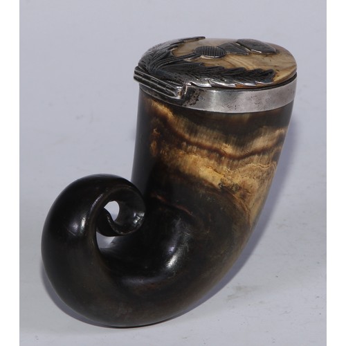 381 - A 19th century Scottish silver coloured metal mounted snuff mull, hinged cover applied with a thistl... 