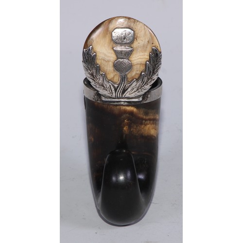 381 - A 19th century Scottish silver coloured metal mounted snuff mull, hinged cover applied with a thistl... 