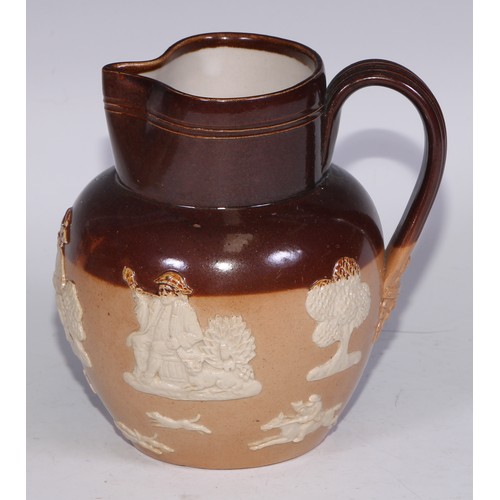 747 - A Royal Doulton brown and buff salt glazed stoneware ovoid harvest jug, typically sprigged with joll... 