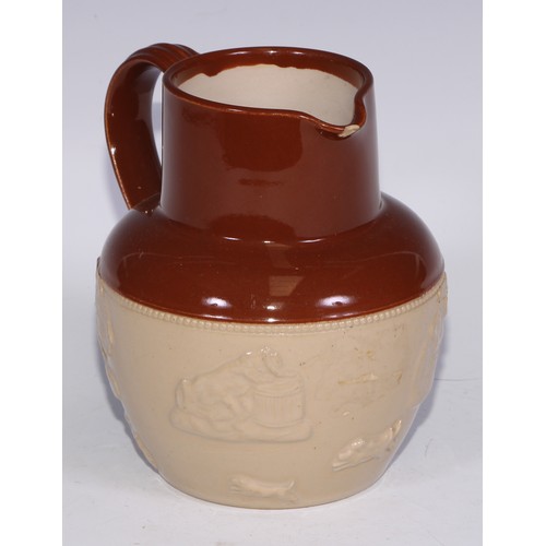 747 - A Royal Doulton brown and buff salt glazed stoneware ovoid harvest jug, typically sprigged with joll... 