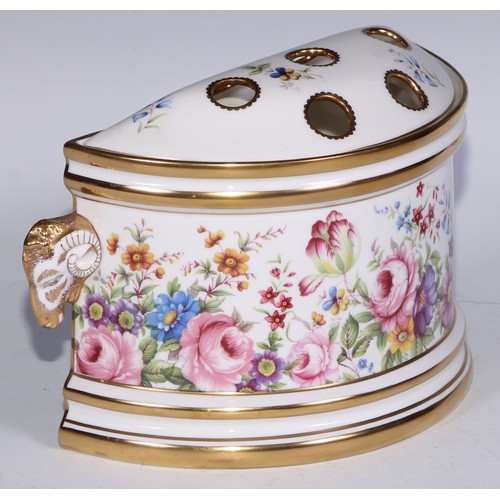 574 - A Lynton Porcelain Company demi-lune bough pot, printed with the Derby Rose pattern, rams' head hand... 