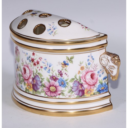 574 - A Lynton Porcelain Company demi-lune bough pot, printed with the Derby Rose pattern, rams' head hand... 