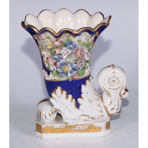 707 - A pair of Bloor Derby cornucopia vases, encrusted with flowers and picked out in gilt on a cobalt bl... 