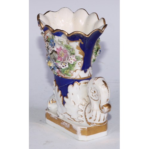 707 - A pair of Bloor Derby cornucopia vases, encrusted with flowers and picked out in gilt on a cobalt bl... 