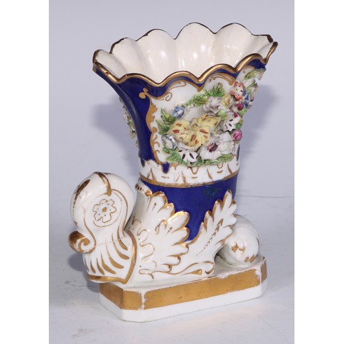 707 - A pair of Bloor Derby cornucopia vases, encrusted with flowers and picked out in gilt on a cobalt bl... 