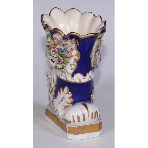 707 - A pair of Bloor Derby cornucopia vases, encrusted with flowers and picked out in gilt on a cobalt bl... 