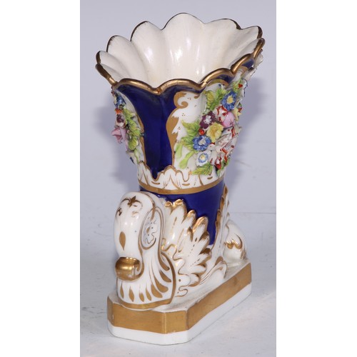 707 - A pair of Bloor Derby cornucopia vases, encrusted with flowers and picked out in gilt on a cobalt bl... 