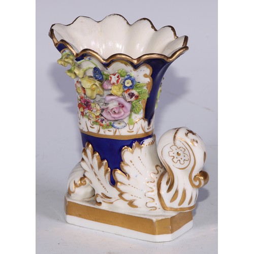 707 - A pair of Bloor Derby cornucopia vases, encrusted with flowers and picked out in gilt on a cobalt bl... 