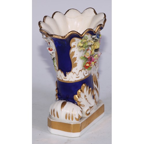 707 - A pair of Bloor Derby cornucopia vases, encrusted with flowers and picked out in gilt on a cobalt bl... 