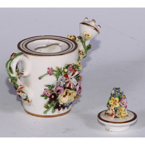 707 - A pair of Bloor Derby cornucopia vases, encrusted with flowers and picked out in gilt on a cobalt bl... 