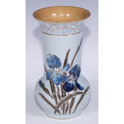 735 - A Lovatt's Ware Art Nouveau flared ovoid vase, incised with irises, 20.5cm high, printed mark, c.191... 