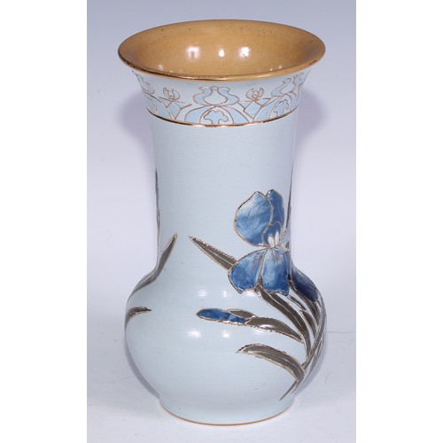 735 - A Lovatt's Ware Art Nouveau flared ovoid vase, incised with irises, 20.5cm high, printed mark, c.191... 