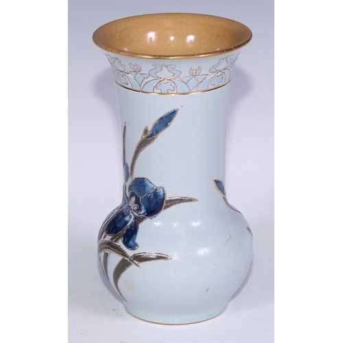 735 - A Lovatt's Ware Art Nouveau flared ovoid vase, incised with irises, 20.5cm high, printed mark, c.191... 