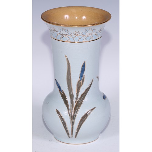 735 - A Lovatt's Ware Art Nouveau flared ovoid vase, incised with irises, 20.5cm high, printed mark, c.191... 