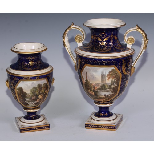 685 - A Derby named view two-handled ovoid pedestal vase, painted with a view of Derby, in gilt with acant... 