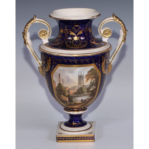 685 - A Derby named view two-handled ovoid pedestal vase, painted with a view of Derby, in gilt with acant... 