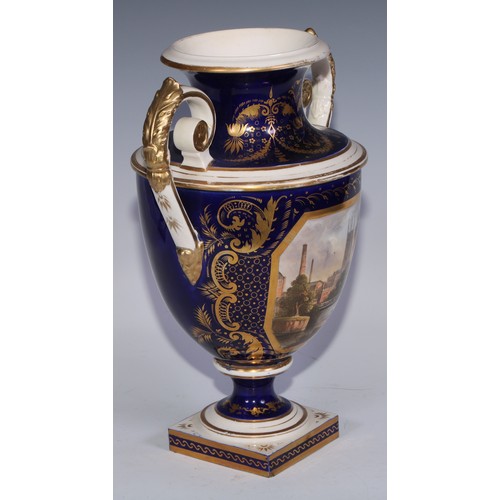 685 - A Derby named view two-handled ovoid pedestal vase, painted with a view of Derby, in gilt with acant... 