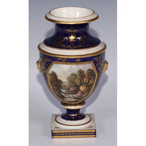 685 - A Derby named view two-handled ovoid pedestal vase, painted with a view of Derby, in gilt with acant... 