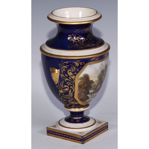 685 - A Derby named view two-handled ovoid pedestal vase, painted with a view of Derby, in gilt with acant... 