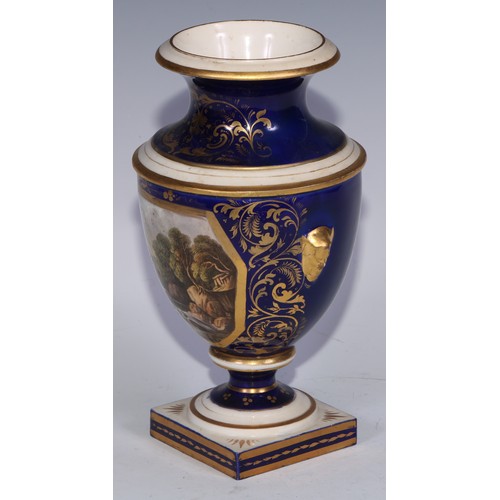 685 - A Derby named view two-handled ovoid pedestal vase, painted with a view of Derby, in gilt with acant... 