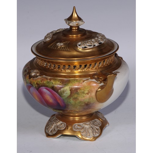 810 - ***LOT WITHDRAWN***A Royal Worcester compressed ovoid pedestal potpourri vase, painted by E Townsend... 