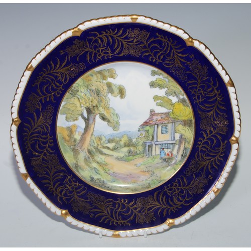 627 - A Royal Crown Derby cabinet plate, painted after Paul Sandby, the border in gilt with flowering bran... 