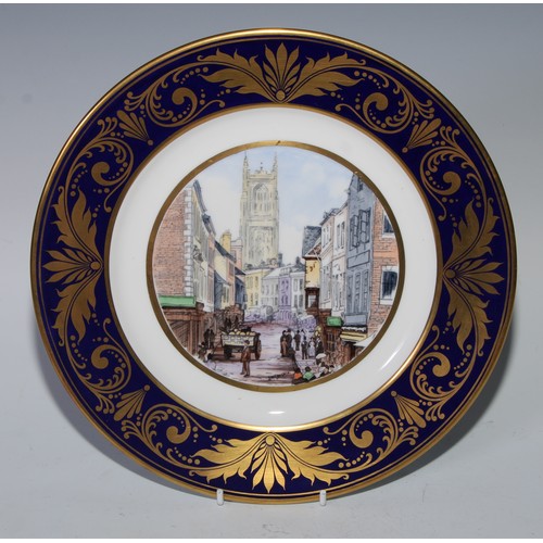 627 - A Royal Crown Derby cabinet plate, painted after Paul Sandby, the border in gilt with flowering bran... 