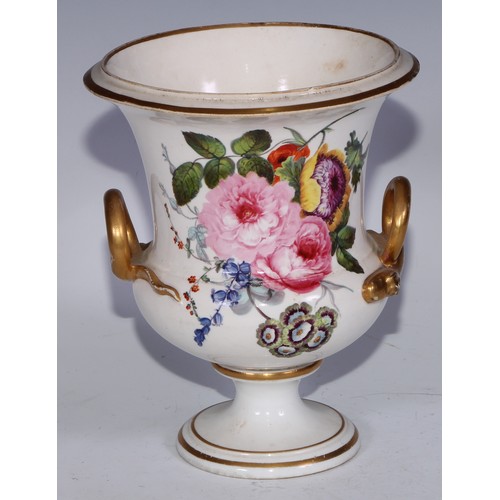 673 - A Derby campana vase, painted with a spray of roses and summer flowers, gilt serpent handles, 17cm h... 