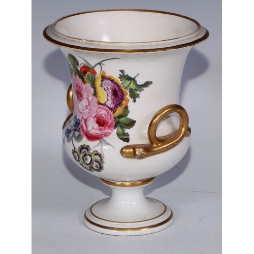 673 - A Derby campana vase, painted with a spray of roses and summer flowers, gilt serpent handles, 17cm h... 