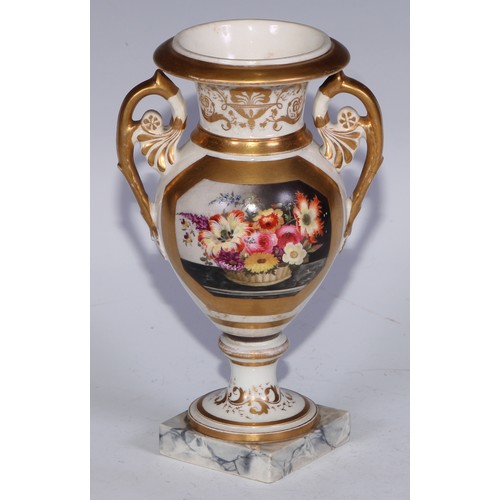 673 - A Derby campana vase, painted with a spray of roses and summer flowers, gilt serpent handles, 17cm h... 