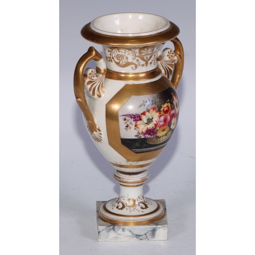 673 - A Derby campana vase, painted with a spray of roses and summer flowers, gilt serpent handles, 17cm h... 