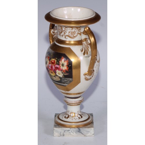 673 - A Derby campana vase, painted with a spray of roses and summer flowers, gilt serpent handles, 17cm h... 