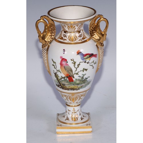 673 - A Derby campana vase, painted with a spray of roses and summer flowers, gilt serpent handles, 17cm h... 