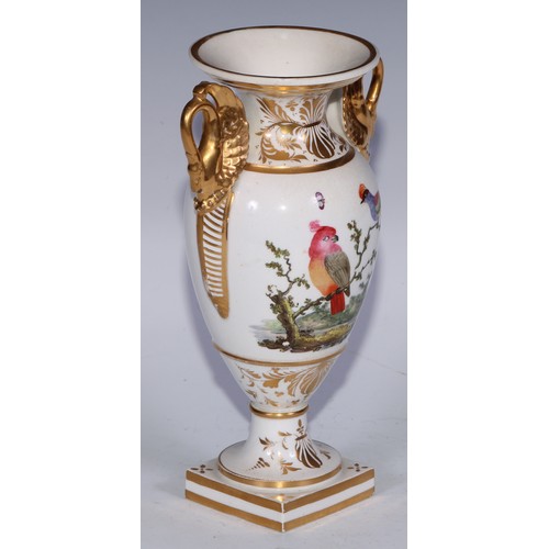 673 - A Derby campana vase, painted with a spray of roses and summer flowers, gilt serpent handles, 17cm h... 