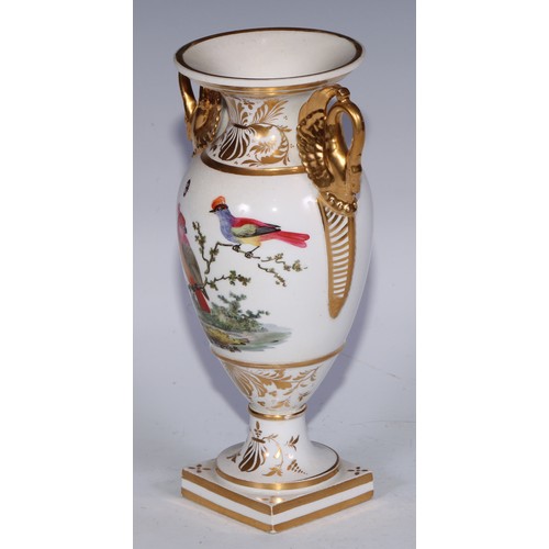 673 - A Derby campana vase, painted with a spray of roses and summer flowers, gilt serpent handles, 17cm h... 