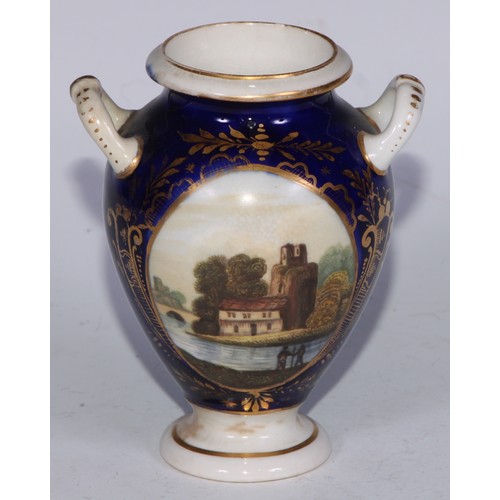 696 - A Derby two-handled urn, of small proportions, painted with a topographical landscape, square pedest... 