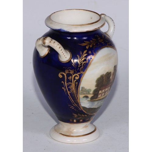 696 - A Derby two-handled urn, of small proportions, painted with a topographical landscape, square pedest... 