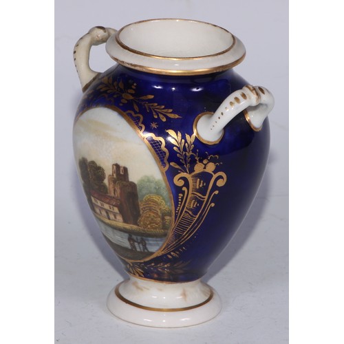 696 - A Derby two-handled urn, of small proportions, painted with a topographical landscape, square pedest... 