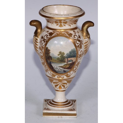 696 - A Derby two-handled urn, of small proportions, painted with a topographical landscape, square pedest... 