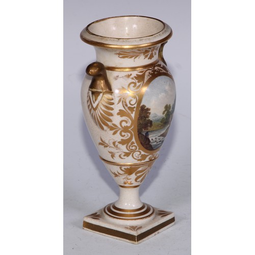 696 - A Derby two-handled urn, of small proportions, painted with a topographical landscape, square pedest... 