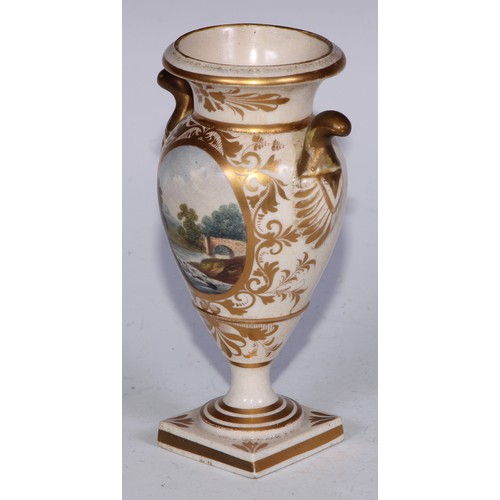 696 - A Derby two-handled urn, of small proportions, painted with a topographical landscape, square pedest... 