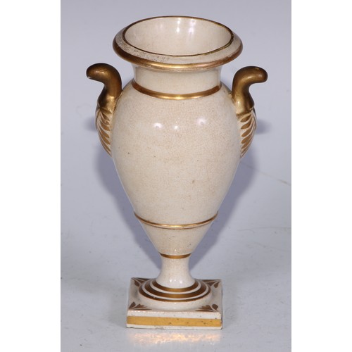 696 - A Derby two-handled urn, of small proportions, painted with a topographical landscape, square pedest... 