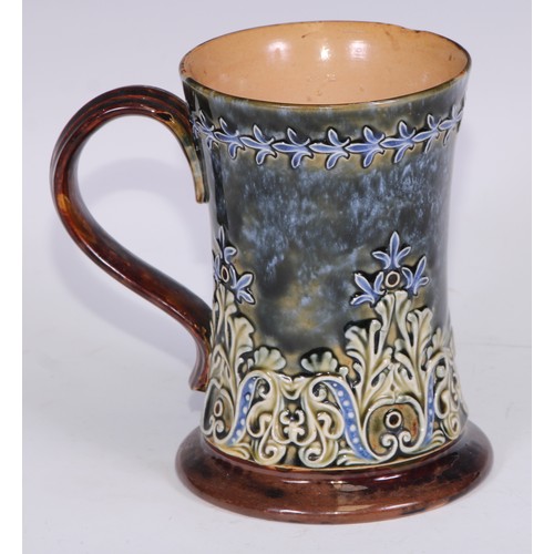 731 - A Doulton Slater's Patent salt glazed stoneware beer jug, as a leatherjack, decorated with The Landl... 