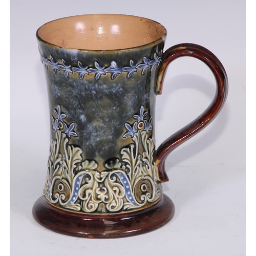 731 - A Doulton Slater's Patent salt glazed stoneware beer jug, as a leatherjack, decorated with The Landl... 